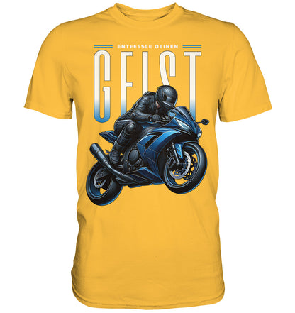 Biker-Shirt mit blauem Motorrad - Entfessle deinen Geist - Premium Shirt