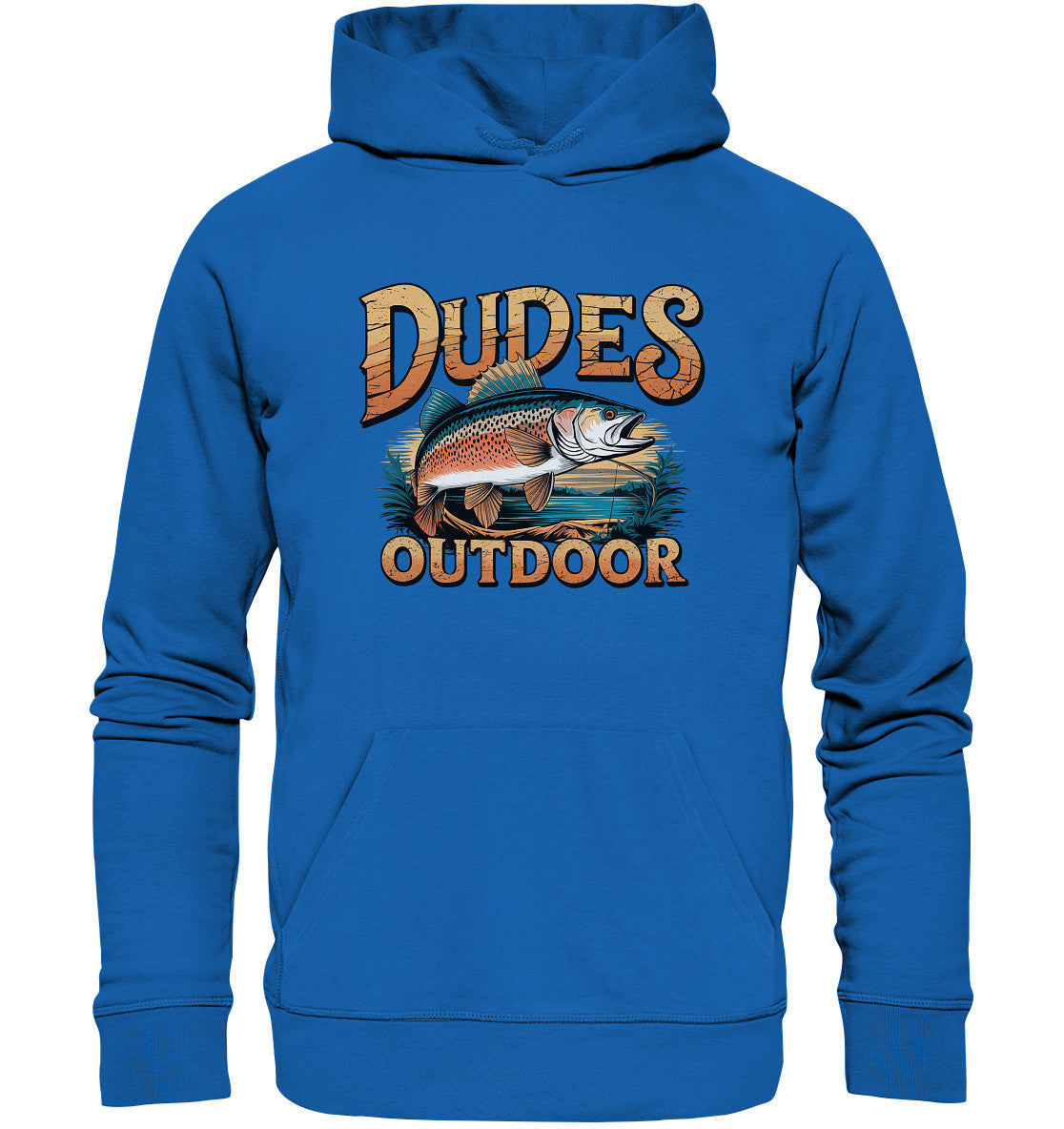 Exklusiver 'Dudes Outdoor' Hoodie – Fischmotiv & cooler Schriftzug, beidseitig bedruckt - Premium Unisex Hoodie