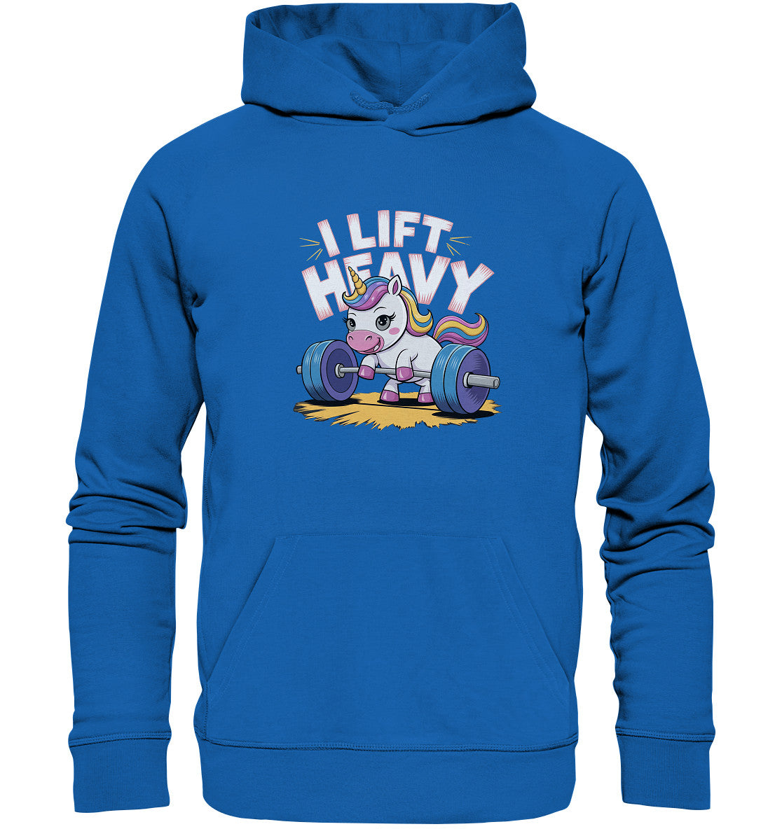 Beidseitig bedruckter Hoodie - Einhorn beim Gewichtheben mit Spruch 'I Lift Heavy' - Premium Unisex Hoodie