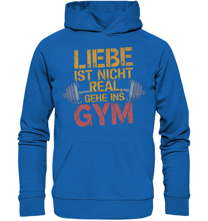 Trendiger Hoodie - Beidseitig Bedruckt mit Hantel und Motiv: 'Liebe ist nicht real, gehe ins Gym' - Premium Unisex Hoodie