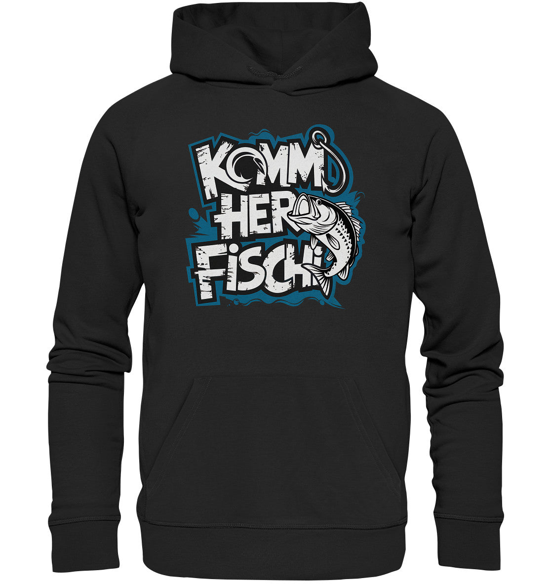 Beidseitig Bedruckter Hoodie - Anglerbekleidung mit Fischmotiv und Spruch: 'Komm her Fischi'  - Premium Unisex Hoodie