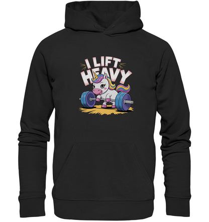 Beidseitig bedruckter Hoodie - Einhorn beim Gewichtheben mit Spruch 'I Lift Heavy' - Premium Unisex Hoodie