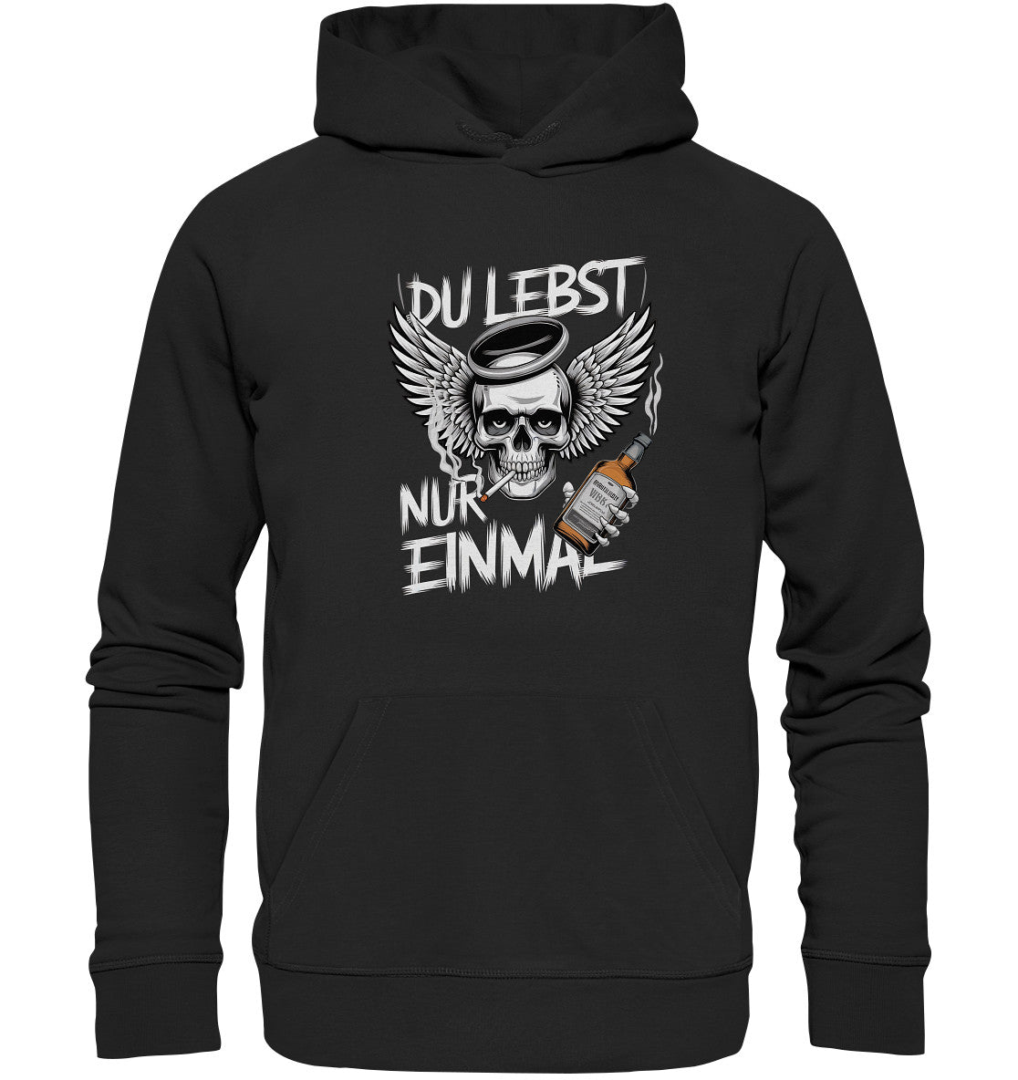 YOLO Statement Hoodie: Du lebst nur einmal mit rauchendem Totenkopf, Flügeln, Zigarette und Alkohol - Premium Unisex Hoodie