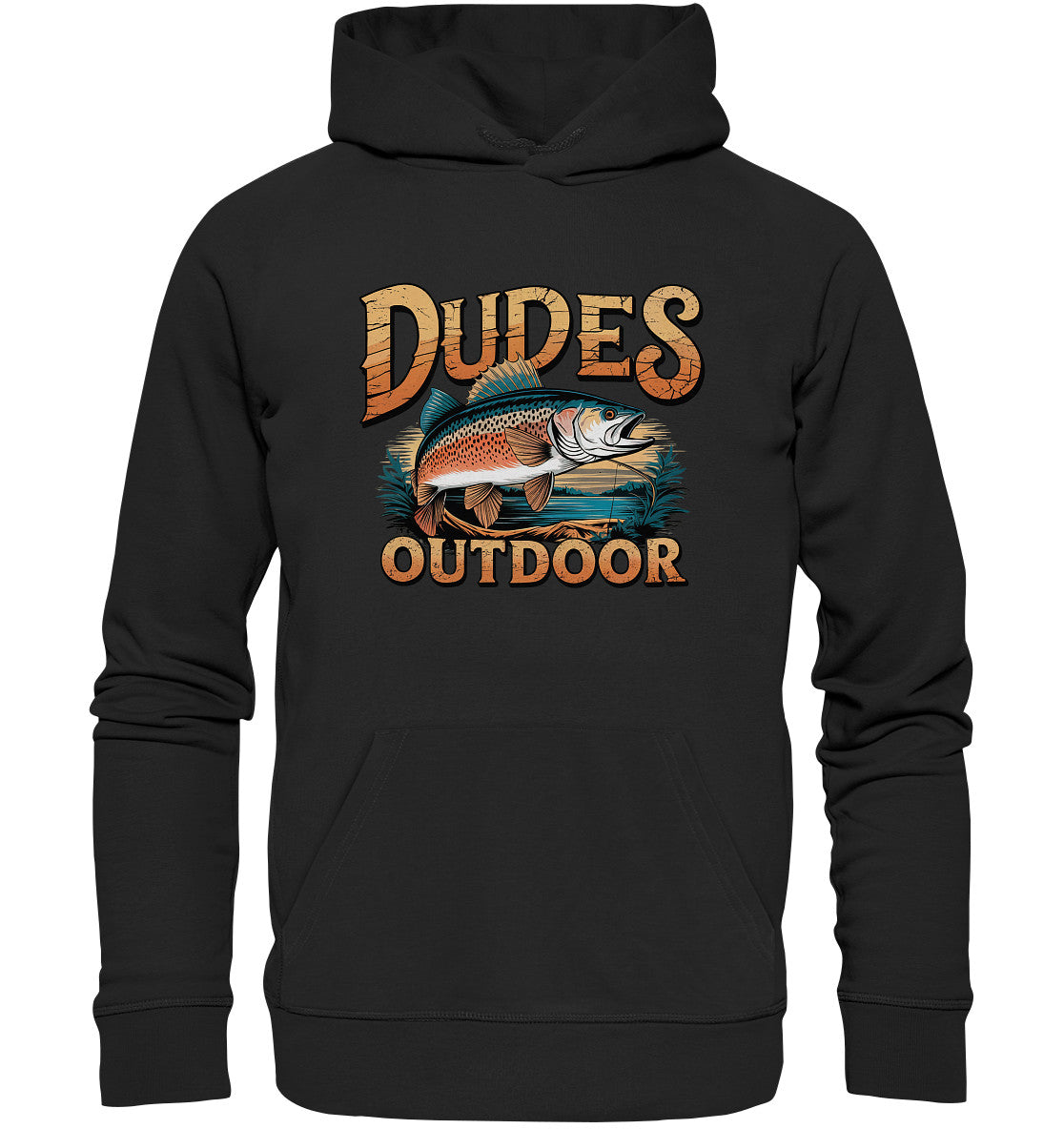 Exklusiver 'Dudes Outdoor' Hoodie – Fischmotiv & cooler Schriftzug, beidseitig bedruckt - Premium Unisex Hoodie