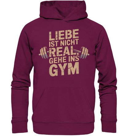 Hoodie mit Hantel-Motiv und Spruch 'Liebe ist nicht real, gehe ins Gym' - Gym Lover's Fashion - Premium Unisex Hoodie