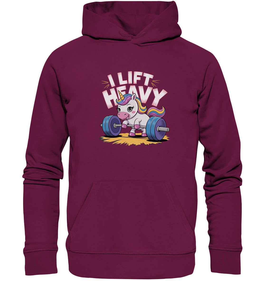 Beidseitig bedruckter Hoodie - Einhorn beim Gewichtheben mit Spruch 'I Lift Heavy' - Premium Unisex Hoodie