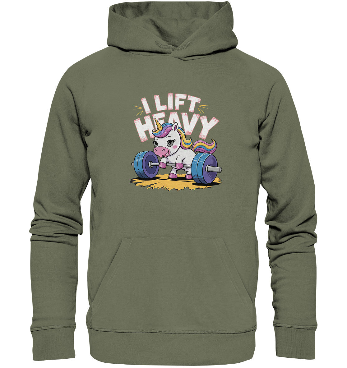 Beidseitig bedruckter Hoodie - Einhorn beim Gewichtheben mit Spruch 'I Lift Heavy' - Premium Unisex Hoodie