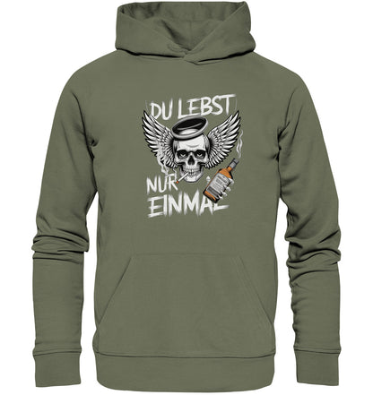 YOLO Statement Hoodie: Du lebst nur einmal mit rauchendem Totenkopf, Flügeln, Zigarette und Alkohol - Premium Unisex Hoodie