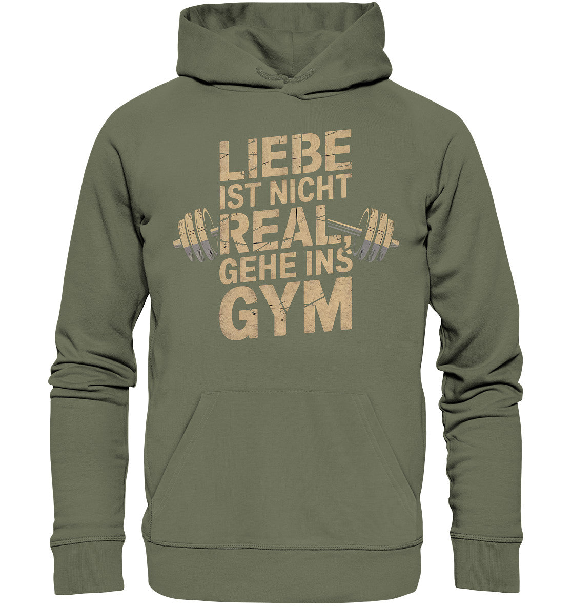 Hoodie mit Hantel-Motiv und Spruch 'Liebe ist nicht real, gehe ins Gym' - Gym Lover's Fashion - Premium Unisex Hoodie