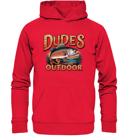 Exklusiver 'Dudes Outdoor' Hoodie – Fischmotiv & cooler Schriftzug, beidseitig bedruckt - Premium Unisex Hoodie