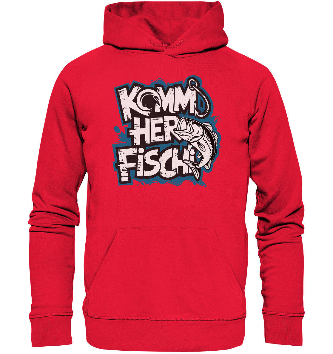 Beidseitig Bedruckter Hoodie - Anglerbekleidung mit Fischmotiv und Spruch: 'Komm her Fischi'  - Premium Unisex Hoodie