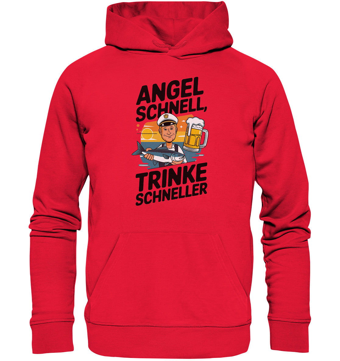 Hoodie mit Spruch 'Angel schnell, trinke schneller' - Perfekt für Angler | Angler Fisch und Bier Motiv | Beidseitig bedruckt - Premium Unisex Hoodie