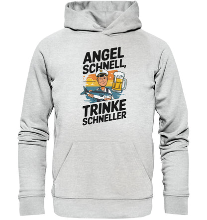 Hoodie mit Spruch 'Angel schnell, trinke schneller' - Perfekt für Angler | Angler Fisch und Bier Motiv | Beidseitig bedruckt - Premium Unisex Hoodie