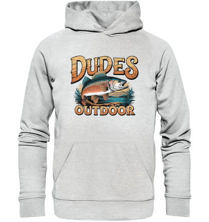 Exklusiver 'Dudes Outdoor' Hoodie – Fischmotiv & cooler Schriftzug, beidseitig bedruckt - Premium Unisex Hoodie