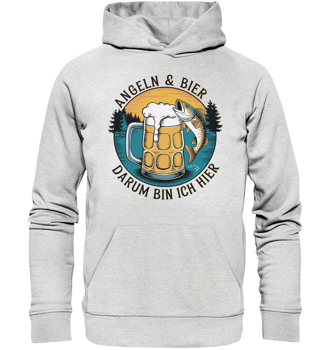 Cooler Hoodie mit witzigem Angler-Spruch: Angeln und Bier – Darum bin ich hier | Perfekt für Fisch- und Bierliebhaber - Premium Unisex Hoodie