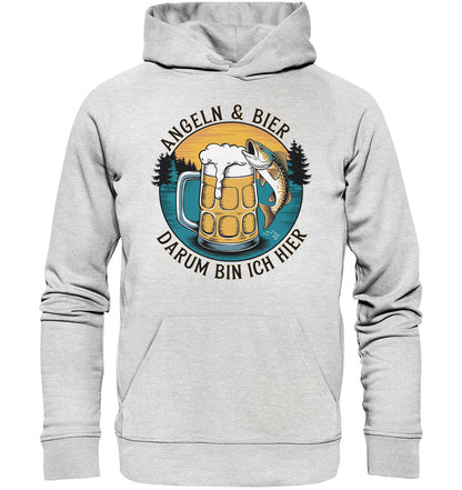 Cooler Hoodie mit witzigem Angler-Spruch: Angeln und Bier – Darum bin ich hier | Perfekt für Fisch- und Bierliebhaber - Premium Unisex Hoodie