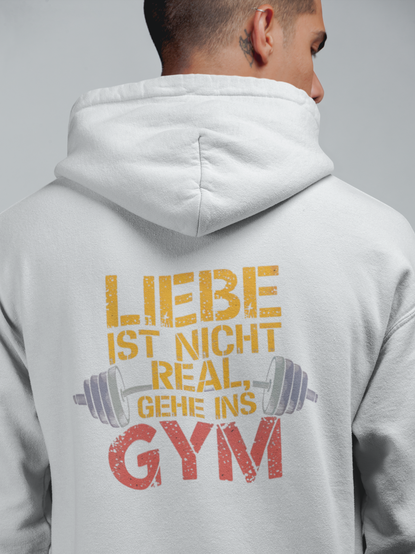 Trendiger Hoodie - Beidseitig Bedruckt mit Hantel und Motiv: 'Liebe ist nicht real, gehe ins Gym' - Premium Unisex Hoodie