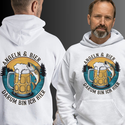 Cooler Hoodie mit witzigem Angler-Spruch: Angeln und Bier – Darum bin ich hier | Perfekt für Fisch- und Bierliebhaber - Premium Unisex Hoodie