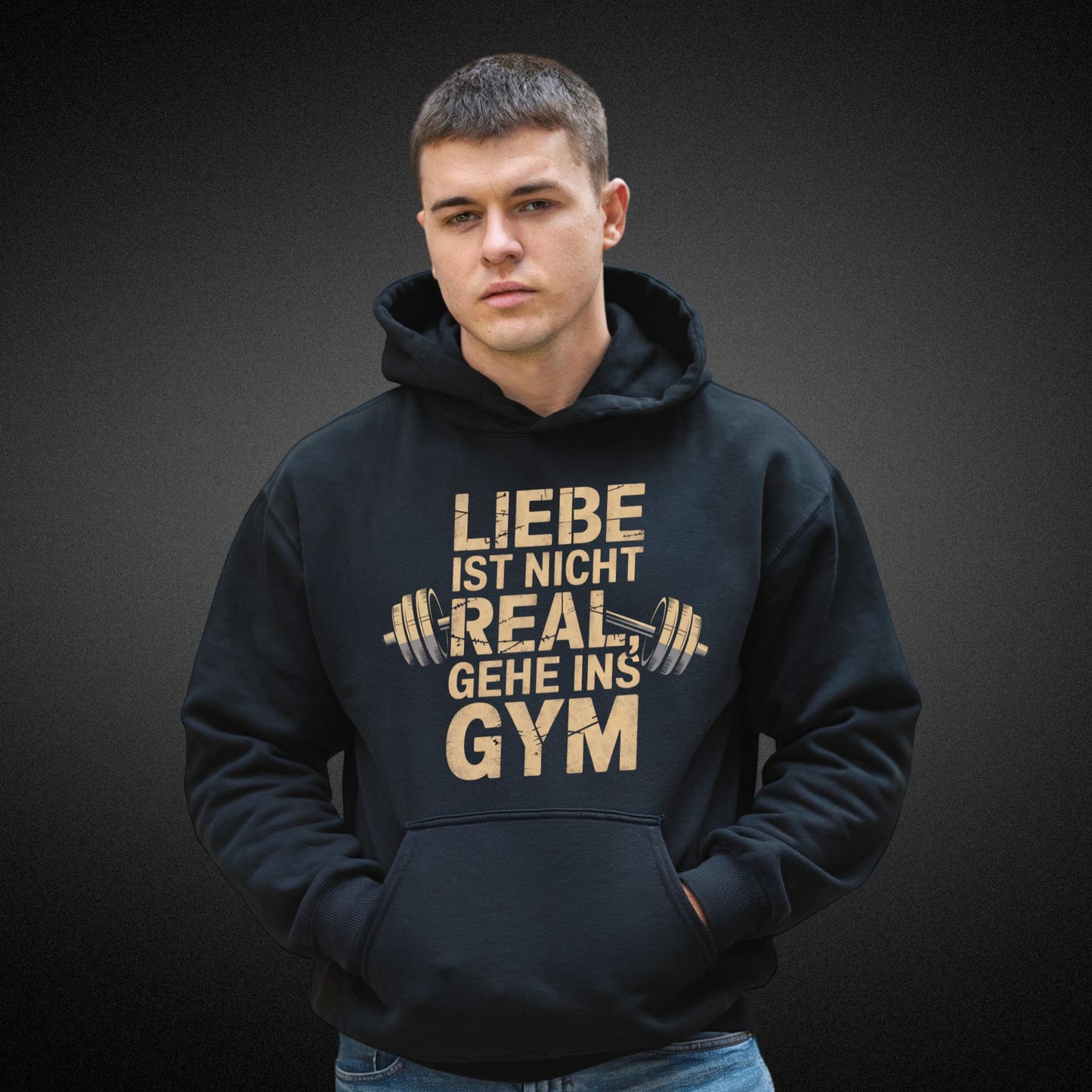 Hoodie mit Hantel-Motiv und Spruch 'Liebe ist nicht real, gehe ins Gym' - Gym Lover's Fashion - Premium Unisex Hoodie