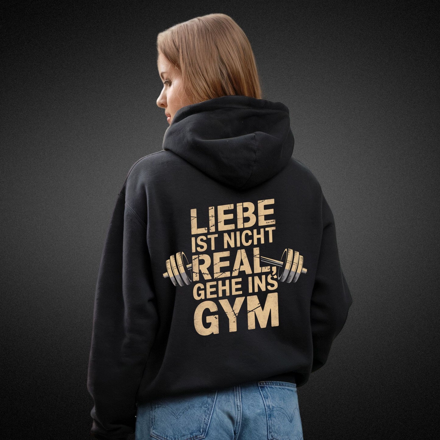 Hoodie mit Hantel-Motiv und Spruch 'Liebe ist nicht real, gehe ins Gym' - Gym Lover's Fashion - Premium Unisex Hoodie