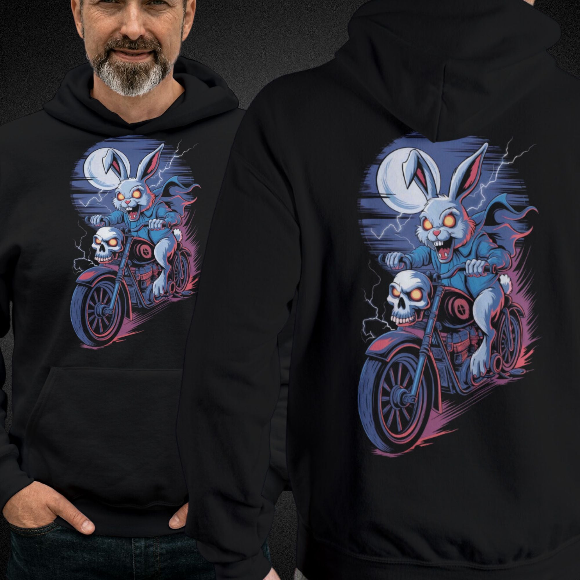 horror-hoodie-mit-gruseligem-hasen-auf-motorrad-must-have-fur-horror-fans-und-biker-premium-unisex-hoodie