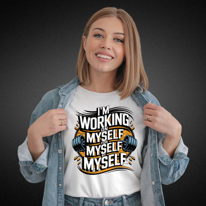 Stylisches Fitness Shirt mit inspirierendem Spruch - 'I’m working on myself for myself by myself' - Ladies Premium Shirt