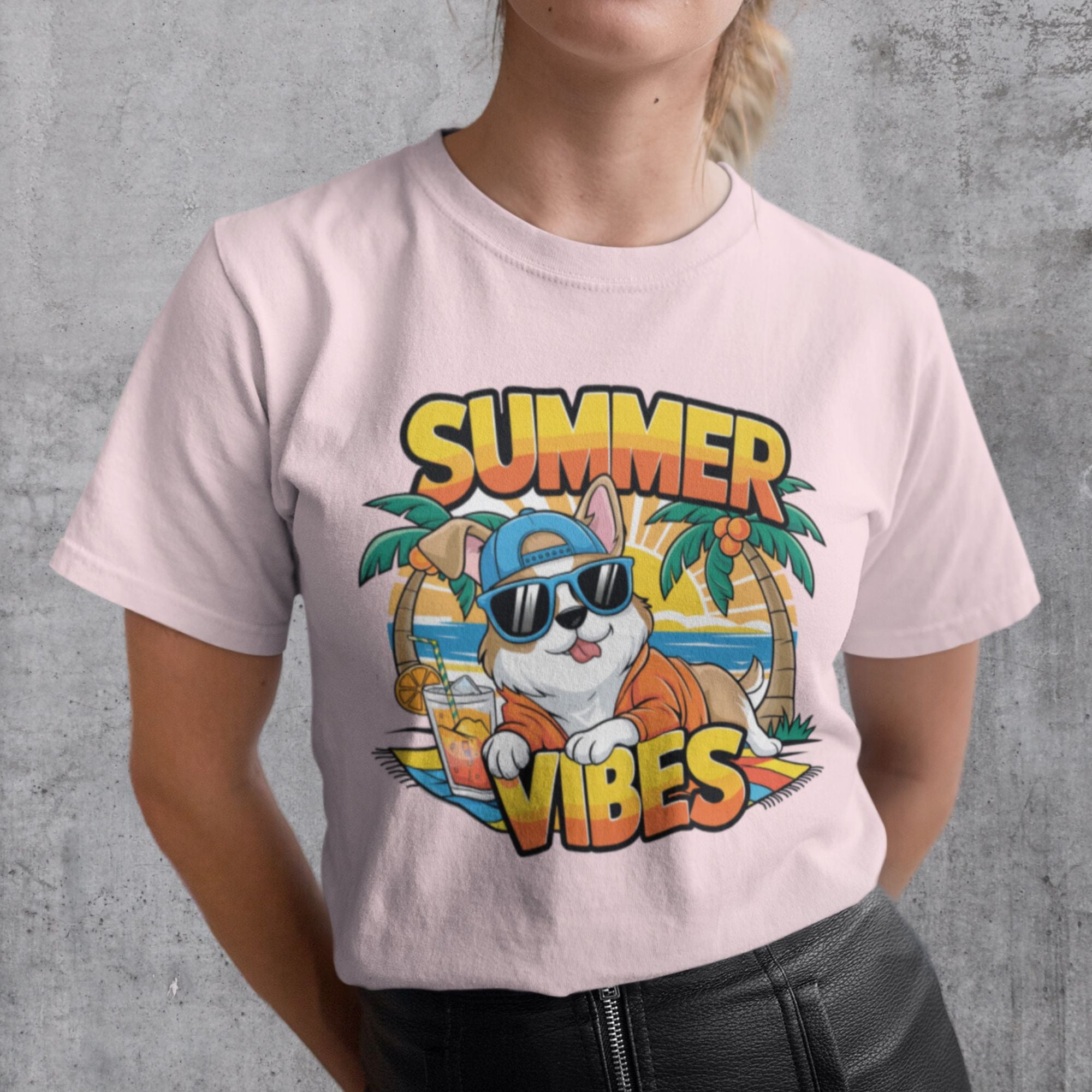 sommerliches-cartoon-t-shirt-mit-coolem-hund-summer-vibes-ladies-premium-shirt