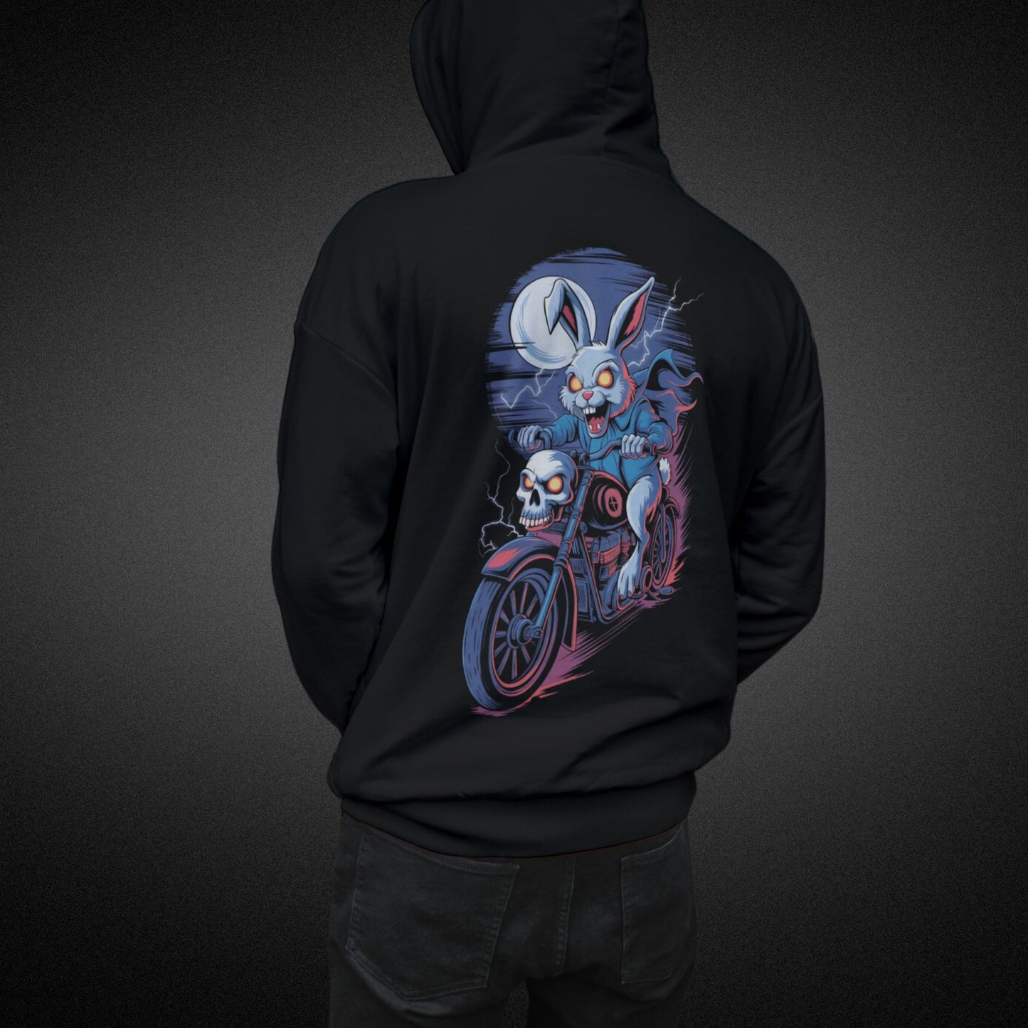 Horror Hase auf Motorrad Hoodie – Furchteinflößende und Stilvolle Mode für Biker - Premium Unisex Hoodie